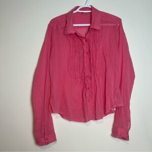 Free People FP One Drew Tuxedo Shirt Pink Ruffle Gauze Button Down Blouse